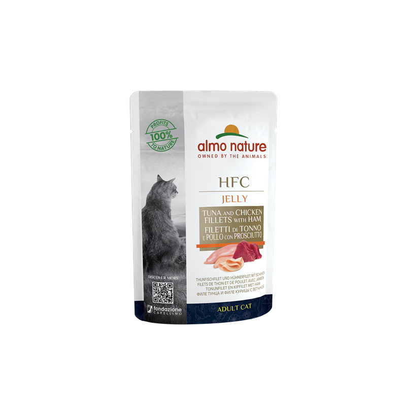 Almo Nature Jelly mit Thunfisch mit Thunfischfilet und Hühnerfilet mit Schinken 55 g