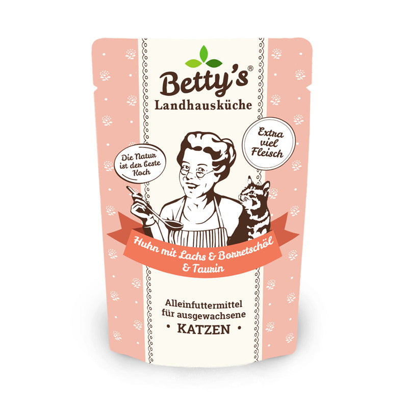 Betty's Landhausküche Katze Frischebeutel Huhn & Lachs mit Borretschöl 100 g