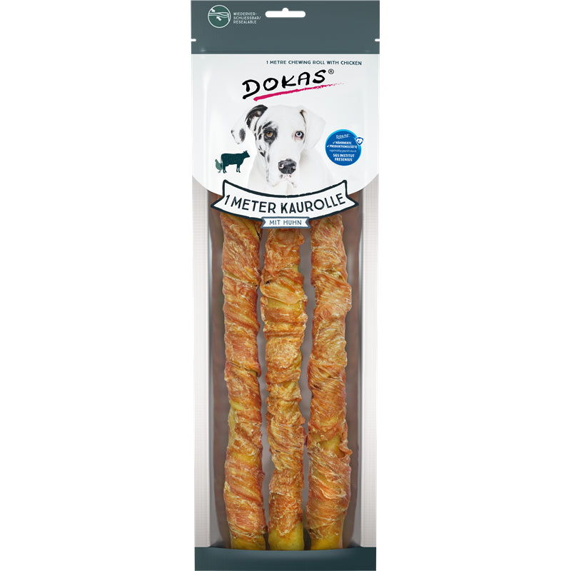Dokas Hunde Snack 1 m Kaurolle aus Rinderhaut mit Huhn 315 g