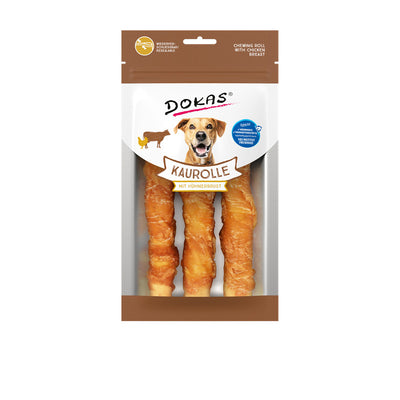 Dokas Hunde Snack Kaurolle - Langer Kauspaß aus Rinderhaut mit feinem Hühnerbrustfilet 150 g