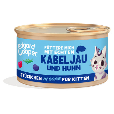 Edgard & Cooper Stückchen in Soße für Kitten, MSC-Kabeljau und Freilaufhuhn mit Blaubeeren, Cranberrys 85 g
