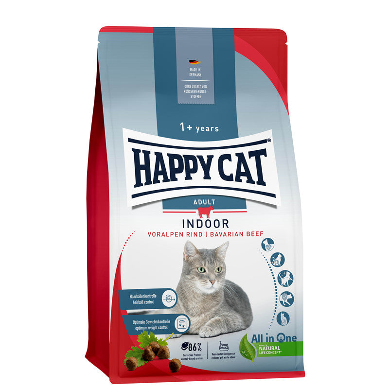 Happy Cat Trockenfutter Indoor Adult Voralpen Rind - speziell für Wohnungskatzen mit moderatem Fettgehalt 4 kg