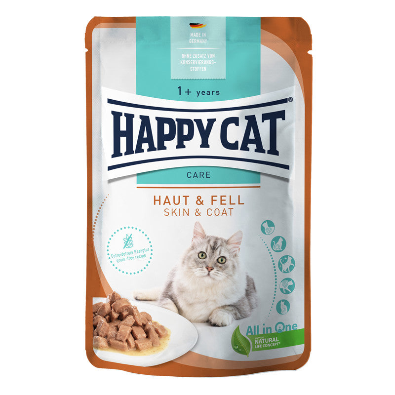 Happy Cat Nassfutter Care Meat in Sauce Haut & Fell - unterstützt den natürlichen Fellglanz sowie die Haut 85 g