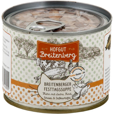 Hofgut Breitenberg Cat Breitenberger Festtagssuppe Huhn mit Lachs, Rind, Erbsen und Süßkart. 180 g