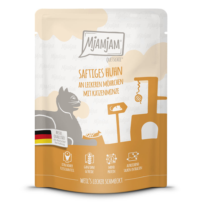 MjAMjAM Quetschie Saftiges Huhn an leckeren Möhrchen mit Katzenminze 300 g