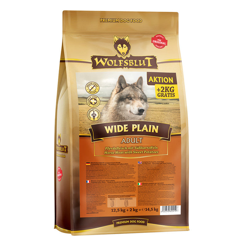 Wolfsblut Wide Plain Pferd & Süßkartoffel 12,5 kg + 2 kg Gratis