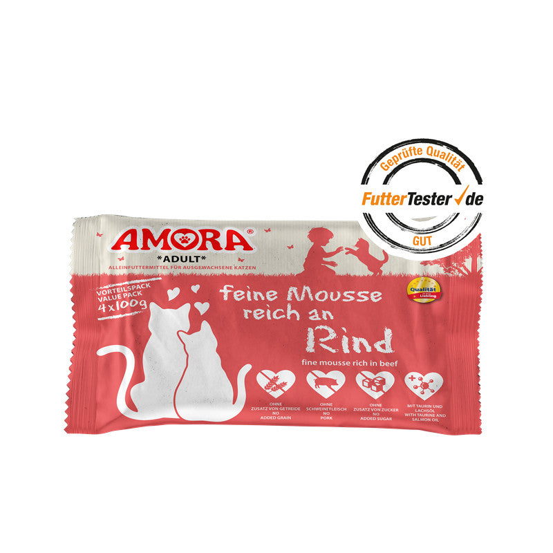 AMORA Cat Pouchbeutel Flowpack feine Mousse reich an Rind 4x100g 1 Stück