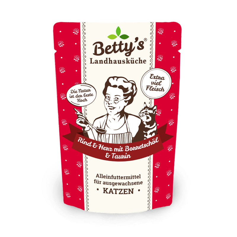 Betty's Landhausküche Katze Frischebeutel Rind & Herz mit Borretschöl 100 g