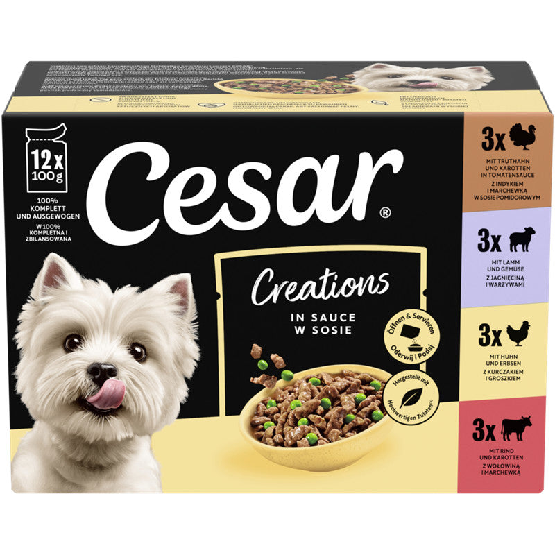 CESAR® CREATIONS Multipack Portionsbeutel 4 Varietäten Rind, Huhn, Lamm, Truthahn in Sauce 12x100g 1 Stück