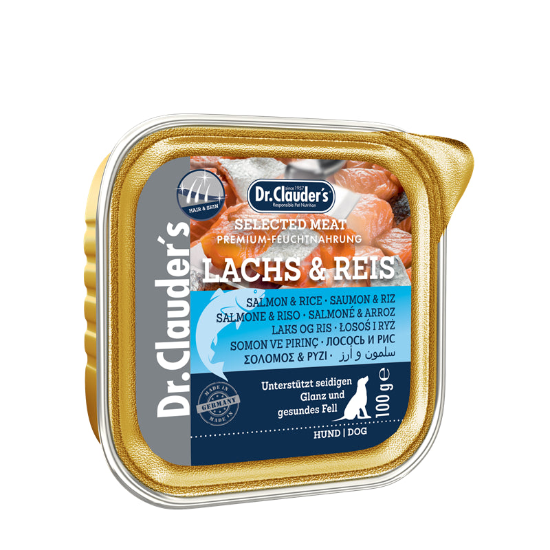 Dr.Clauder's Hunde Nassfutter Schale Selected Meat Hair & Skin Lachs und Reis 100 g