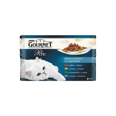 GOURMET Perle Erlesene Streifen mit Rind, Huhn, Kaninchen, Lachs 4 x 85 g