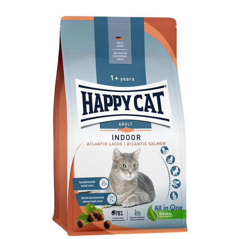 Happy Cat Indoor Adult Atlantik Lachs - speziell für Wohnungskatzen mit moderatem Fettgehalt 300 g
