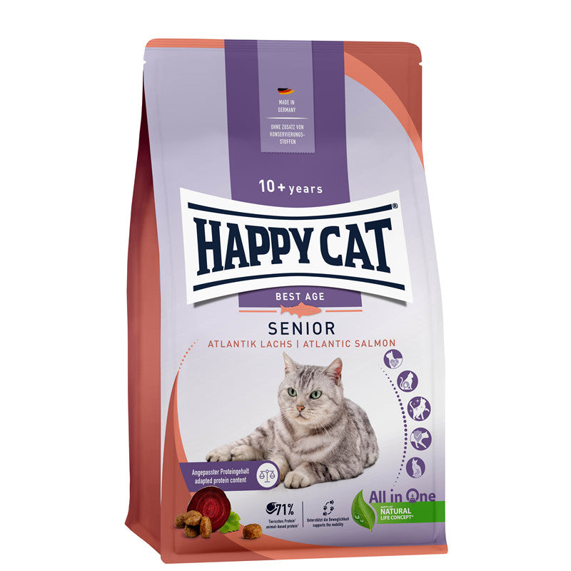Happy Cat Trockenfutter Senior Atlantik Lachs - für Katzen ab 10 Jahre - Hergestellt in Deutschland 300 g