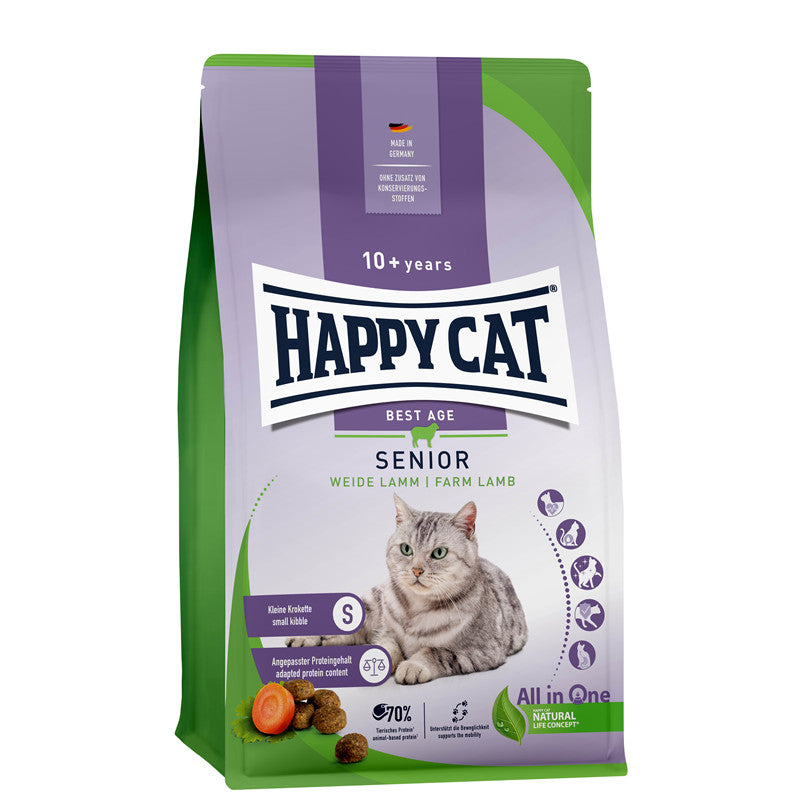 Happy Cat Trockenfutter Senior Weide Lamm - für Katzen ab 10 Jahre - angepasster Proteingehalt 1,3 kg