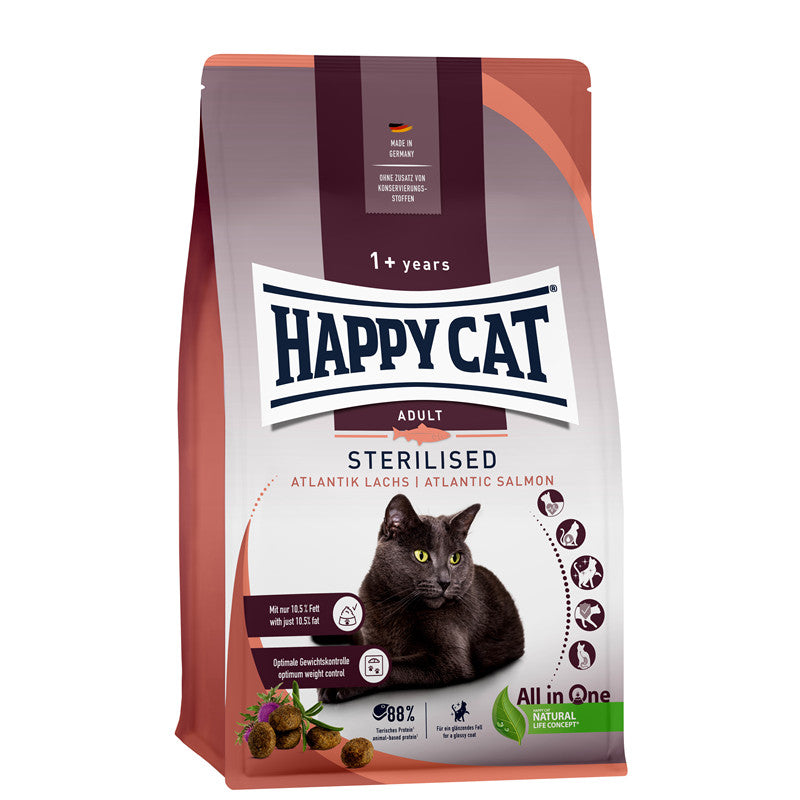 Happy Cat Trockenfutter Sterilised Adult Atlantik Lachs - für sterilisierte Katzen - mit nur 10,5% Fett 10 kg