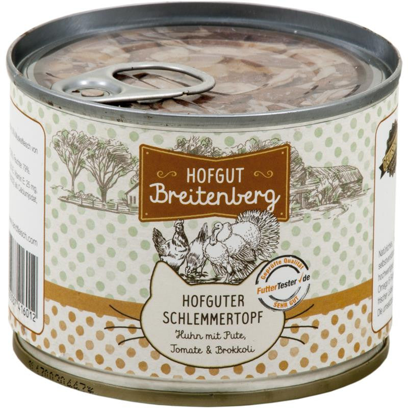 Hofgut Breitenberg Cat Hofguter Schlemmertopf Huhn mit Pute, Tomate & Brokkoli 180 g