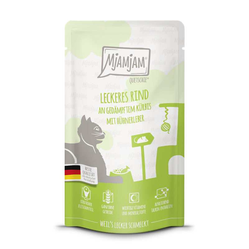 MjAMjAM Quetschie Leckeres Rind an gedämpftem Kürbis mit Hühnerleber 125 g