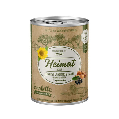 Sanabelle HEIMAT Nassfutter Adult leckeres Landrind & Lamm + Maroni, Erbsen & Holunder 400 g