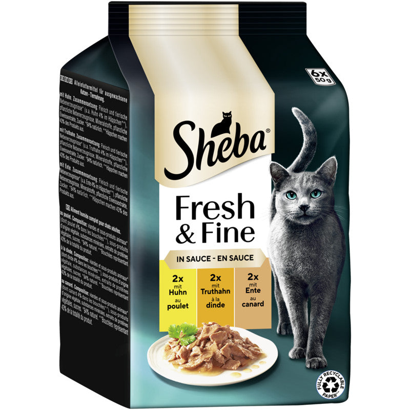 SHEBA® Fresh & Fine Multipack Portionsbeutel Huhn, Truthahn & Ente in Sauce 6x50g 1 Stück