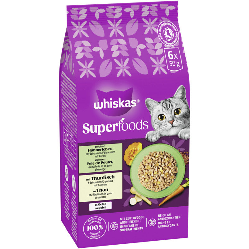WHISKAS® Multipack Portionsbeutel Superfoods 2 Varietäten Thunfisch&Karotten, Huhn&Leber Gelee 6x50g 1 Stück