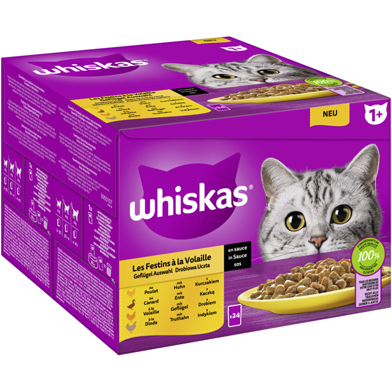 WHISKAS® Portionsbeutel Multipack 1+ Geflügel Auswahl in Sauce 24 x 85g