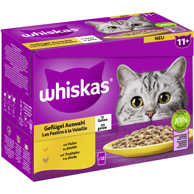 WHISKAS® Portionsbeutel Multipack 11+ Geflügel Auswahl in Gelee 12 x 85 g