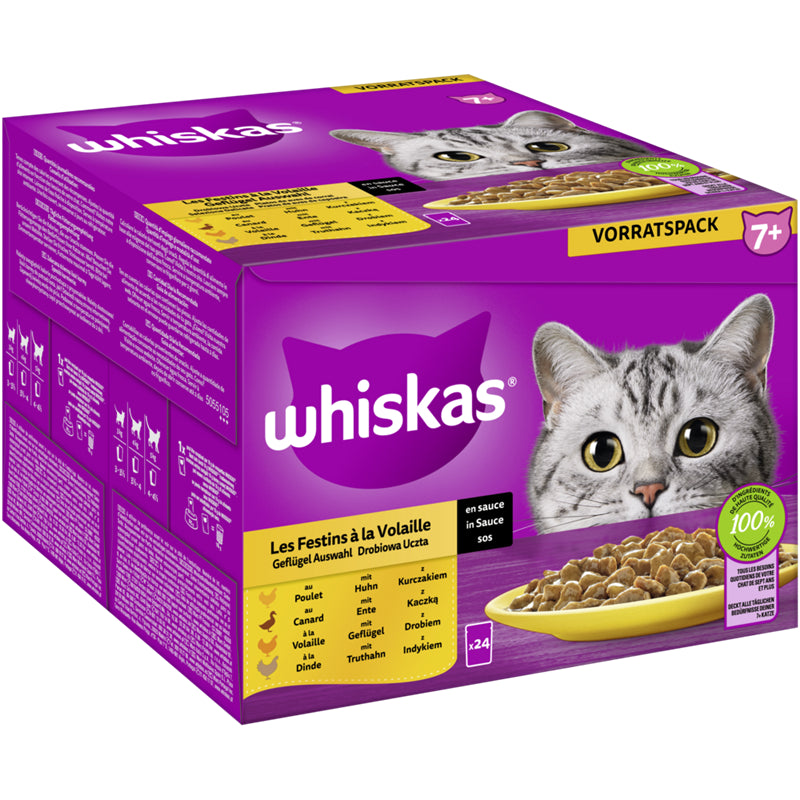 WHISKAS® Portionsbeutel Multipack 7+ Geflügel Auswahl in Sauce 24 x 85 g