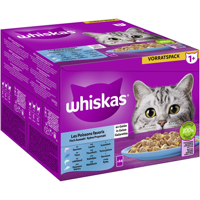 WHISKAS® Portionsbeutel Multipack Vorratspack 1+ Fisch Auswahl in Gelee  24 x 85g