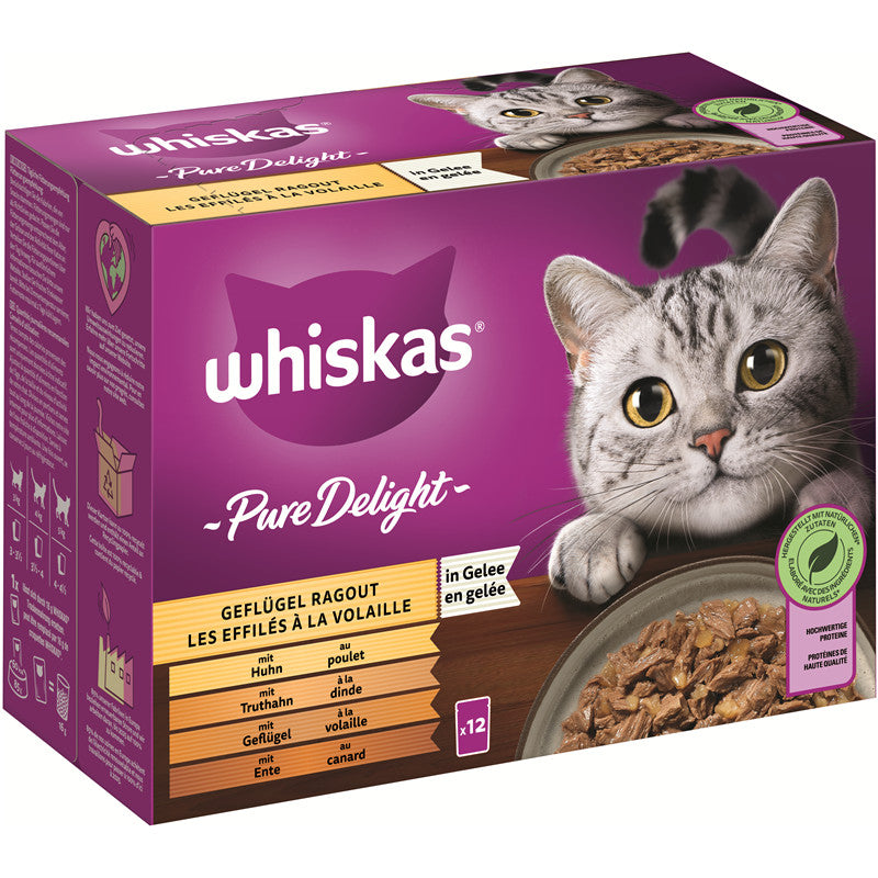 WHISKAS® PURE DELIGHT Portionsbeutel Multipack Geflügel Ragout in Gelee 12 x 85 g